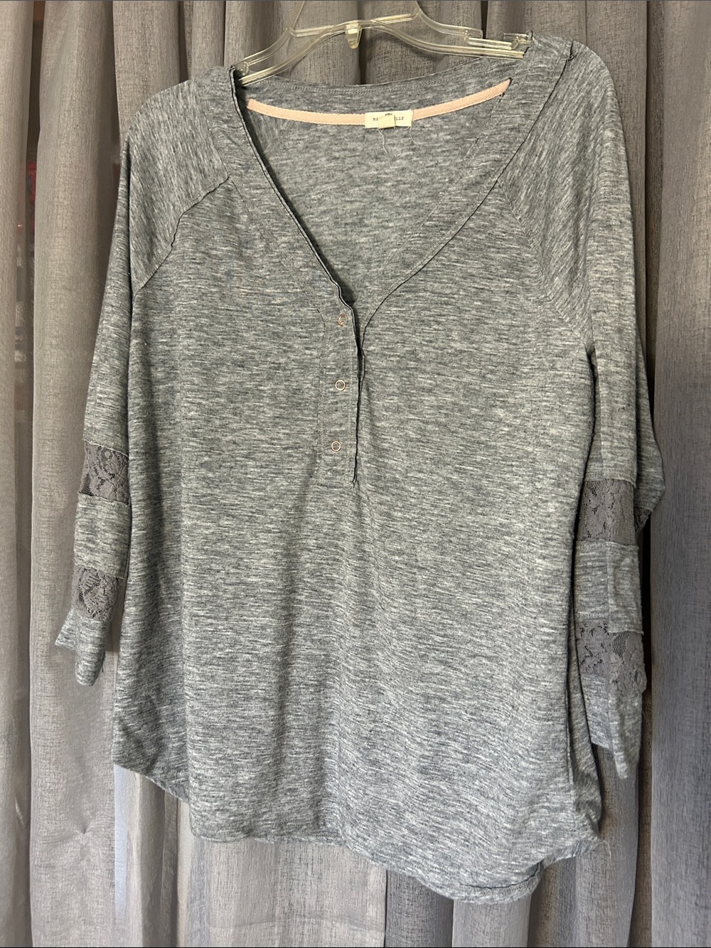 Women’s Grey Lace-Inset Henley Long Sleeve Top